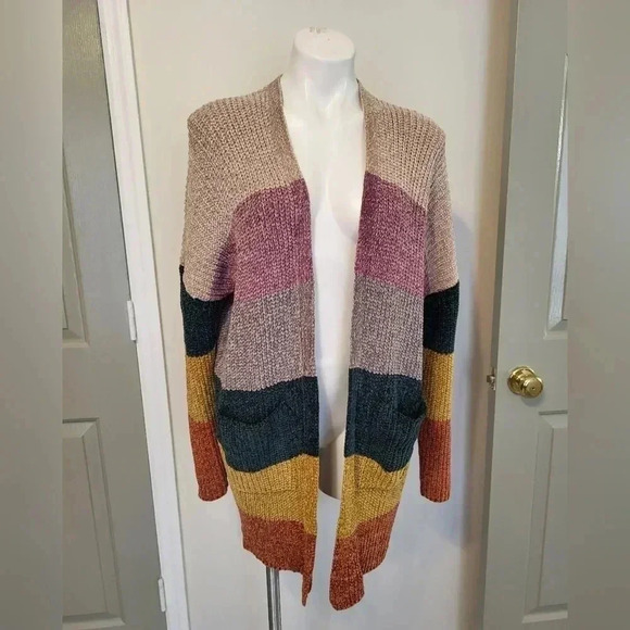 ODDY Multicolored Striped ColorBlock Open Front Sweater Cardigan(S/M) - Picture 1 of 9